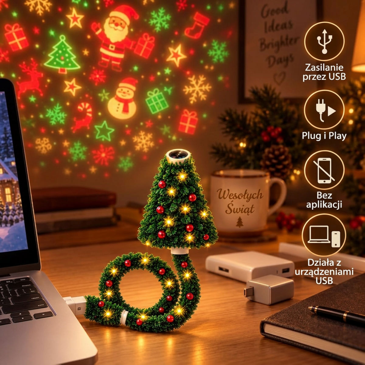 Projektor Choinka USB – 6 świątecznych wzorów na ścianę i sufit